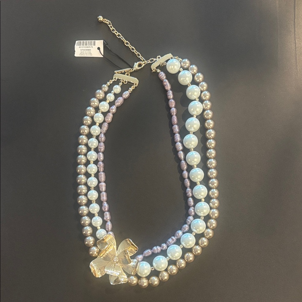 White House Black Market Gold Bow Pearl & Lavender Multi-Strand Necklace